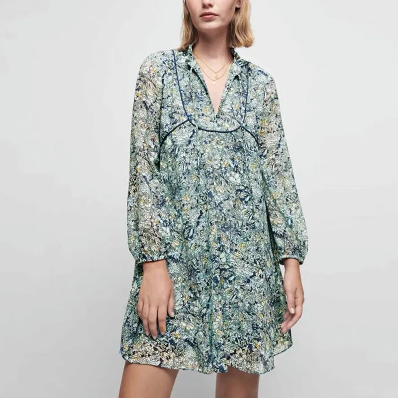

French Early Autumn New Women's Celadon Printed Chiffon Long-sleeved Dress