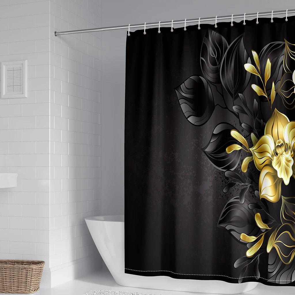 

Black 3D Shower Curtains Waterproof Polyester Flower Curtain for Bathroom with 12 Plastic Hooks Bathroom Products