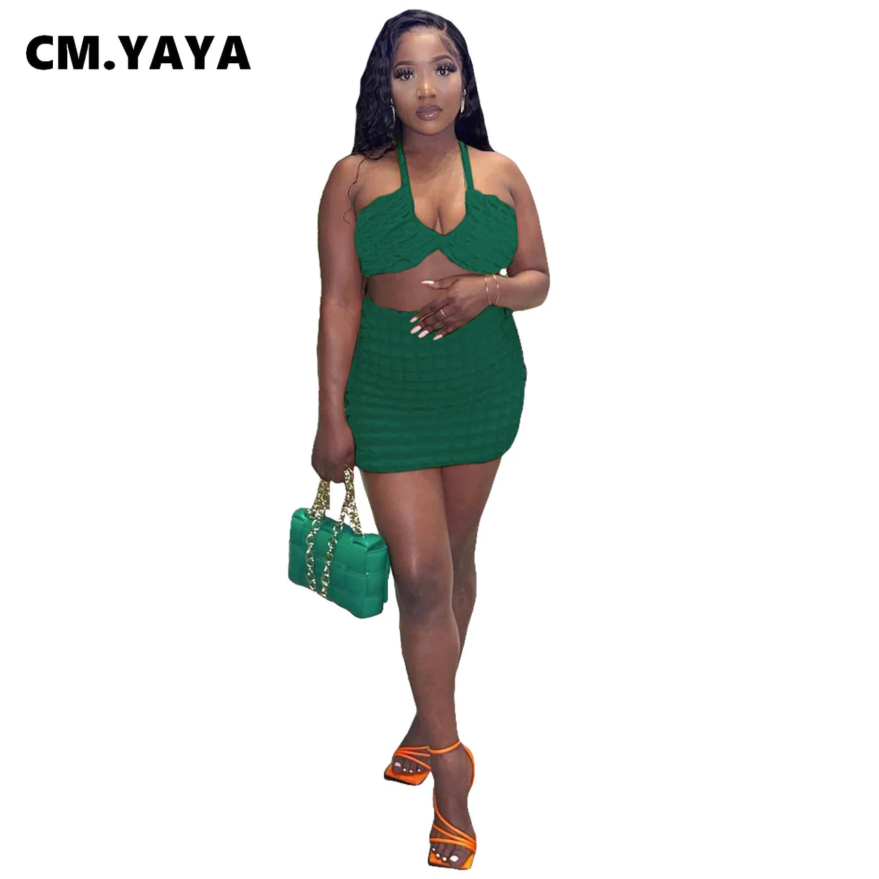 

Женский эластичный облегающий мини-костюм CM.YAYA с юбкой средней длины и лямкой на шее, Летний Пляжный комплект из двух предметов 2022