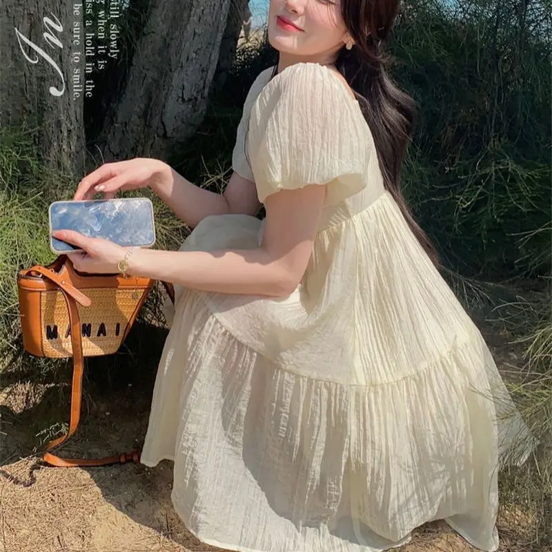 

2022 Sweet Square Neck Puff Sleeves Dress for girls Japanese Preppy Style Summer Solid color elegant Fairy Dress short vestido