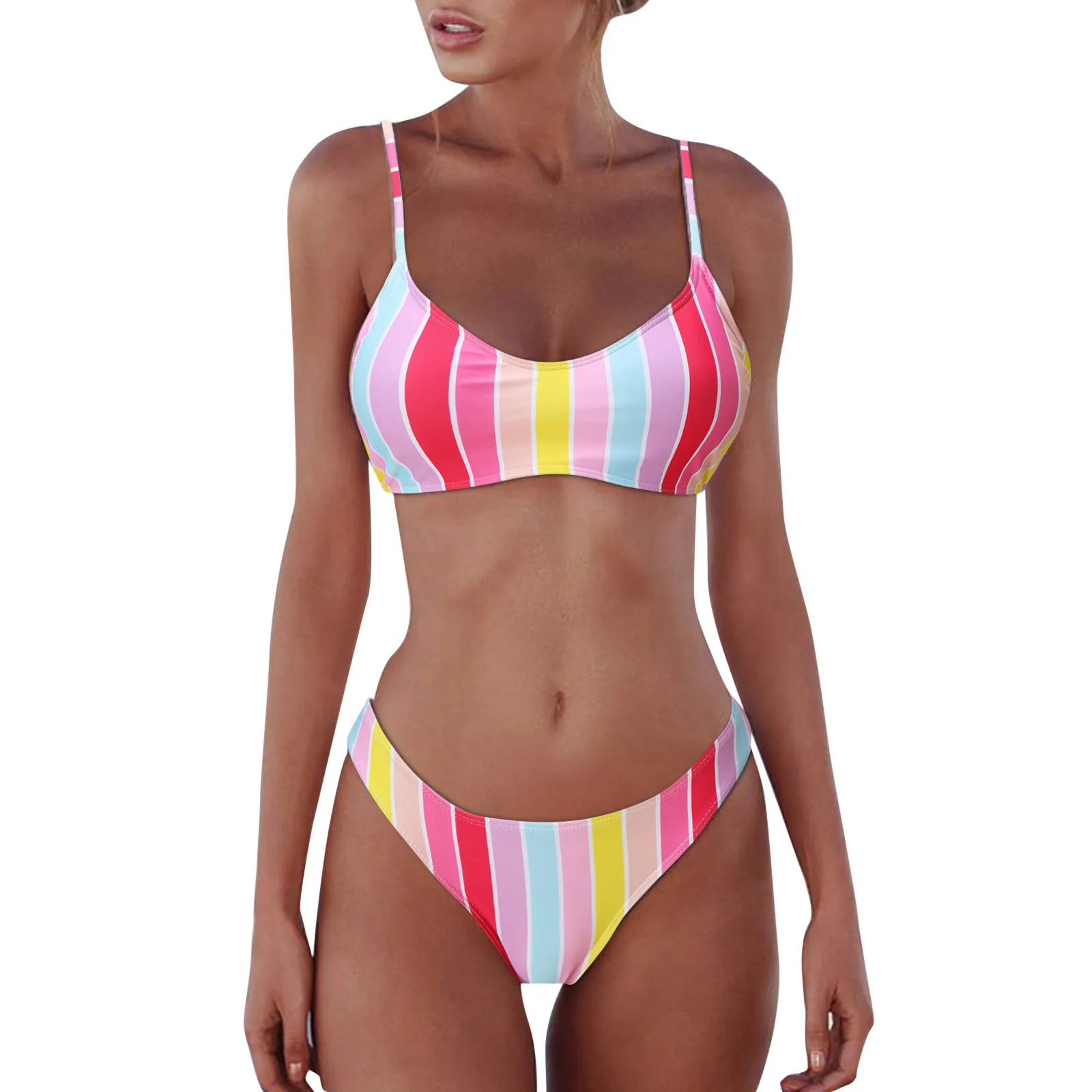 

Women Beachwear Swimwear Swimsuit Print Brazilian Rainbow Bandeau Bandage Set Swimsuit Push-Up Set bikini beach thong women