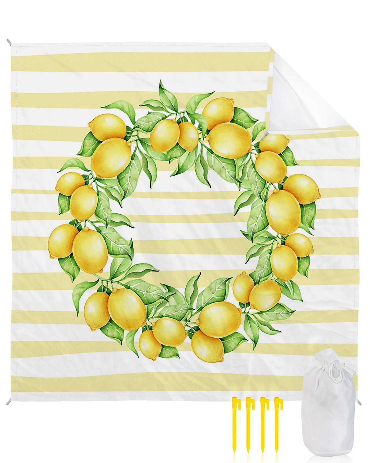 

Farmhouse Yellow Stripes Fruit Lemon Waterproof Beach Blanket Camping Mat Portable Outdoor Picnic Mat Sand Beach Mat