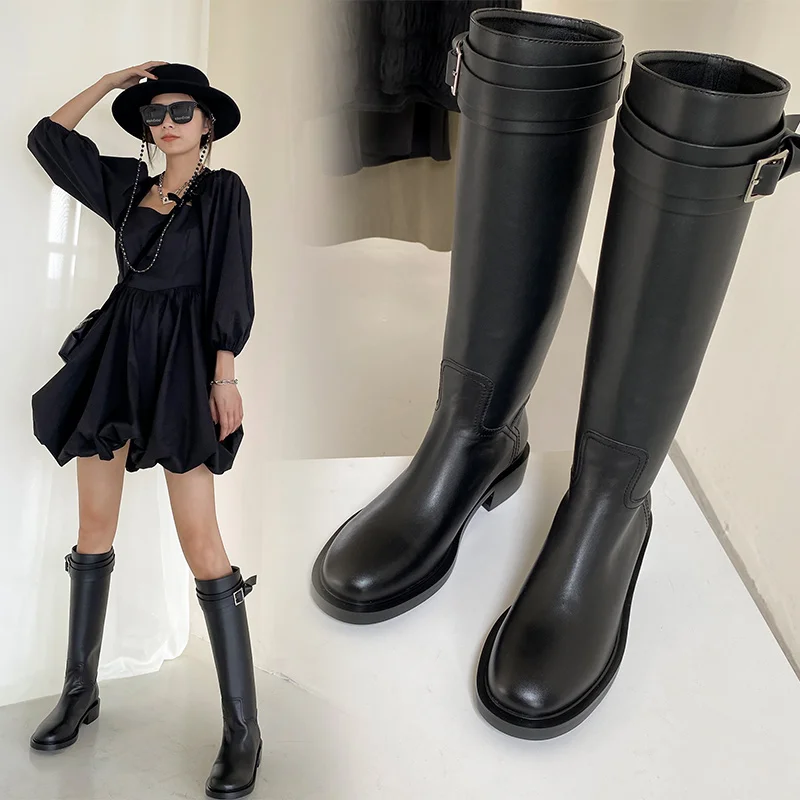 

2022 new Women Knee-high boots natural leather 22-25 cm cowhide upper modern boots belt buckle high boots Fashion Rider Boots