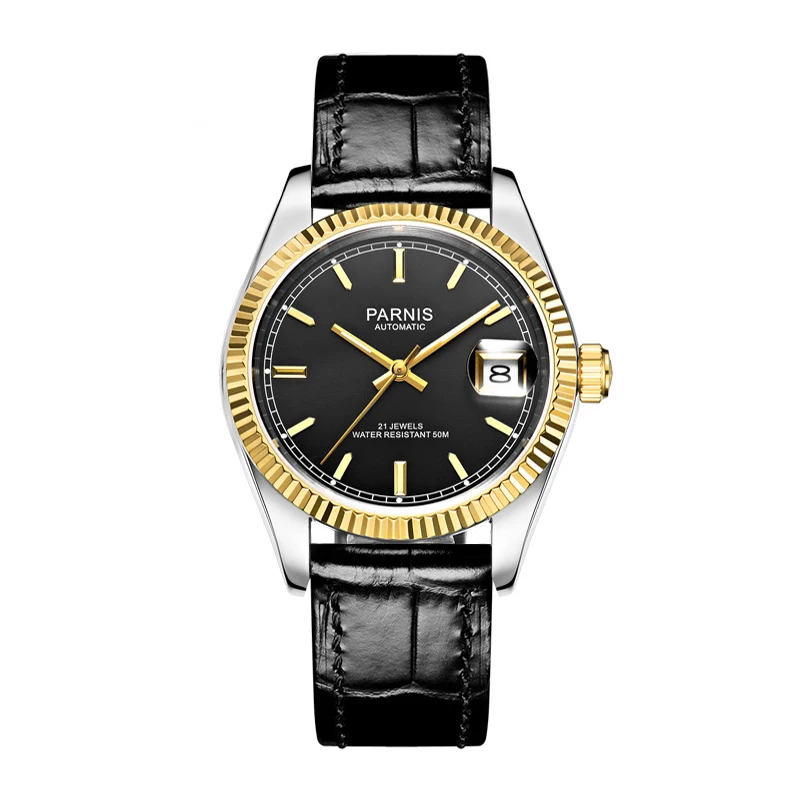 

Модные мужские механические часы Parnis с серебристым ремешком, 36 мм, автоматические мужские часы с сапфировым стеклом и кожаным ремешком