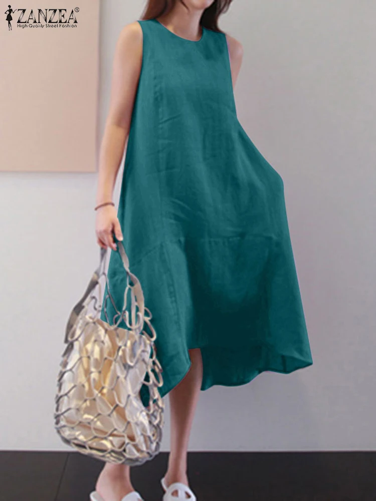 

Stylish Women Beach Sundress ZANZEA Solid Summer Dress Sleeveless Midi Vestidos Female O Neck Holiday Robe Femme Oversized