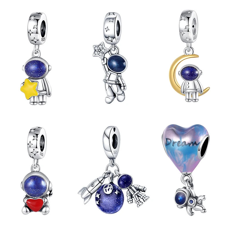 

925 Sterling Silver New in Stars Moon Astronaut Charm Beads Fits Pandora Original Bracelet Women Pendant Bead DIY Jewelry Gift