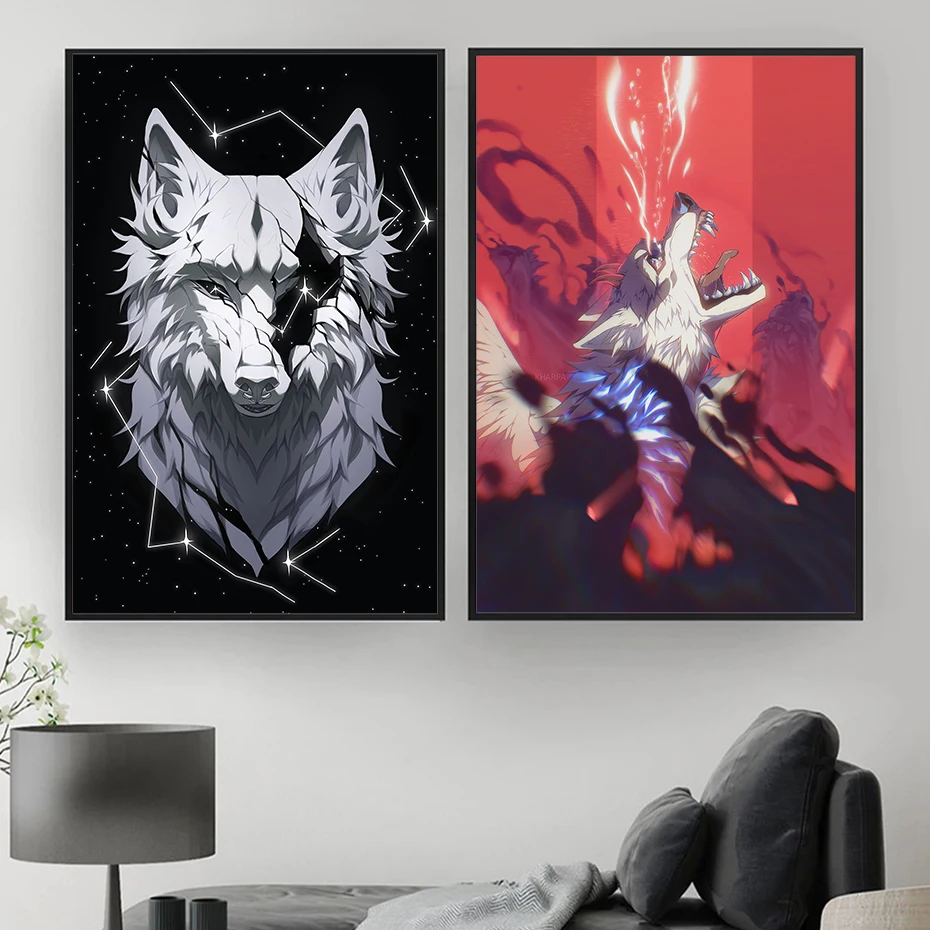 

Cartoon Animation Animal Wolf Coloured Flame Posters and Prints Modern Canvas Painting for Living Room Picture Home Decor Gift