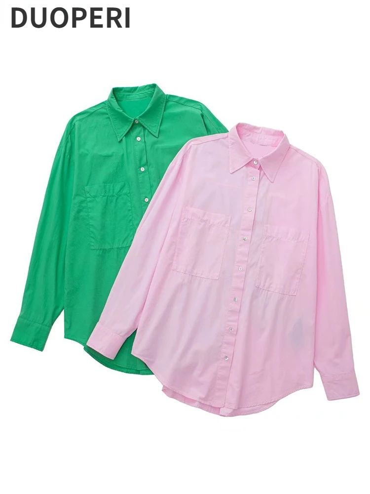

DUOPERI Women Fashion Solid Blouses Vintage Long Sleeves Lapel Neck Single Breasted Female Chic Lady Shirts