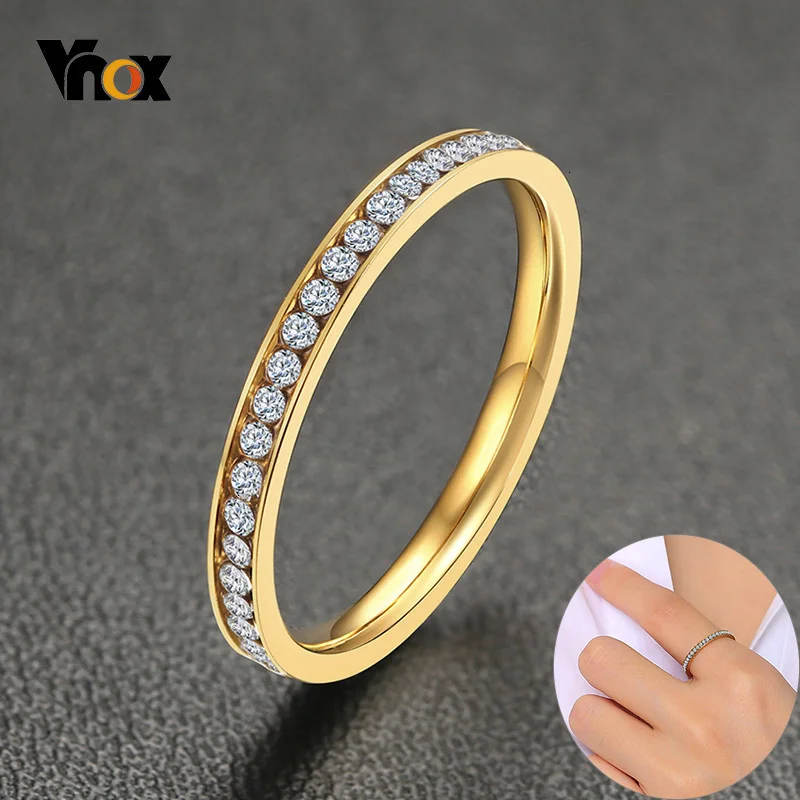 

Vnox 2mm Bling CZ Stones Ring for Women Lady Gold Color Stainless Steel Shinny Crystal Finger Band Elegant Jewelry