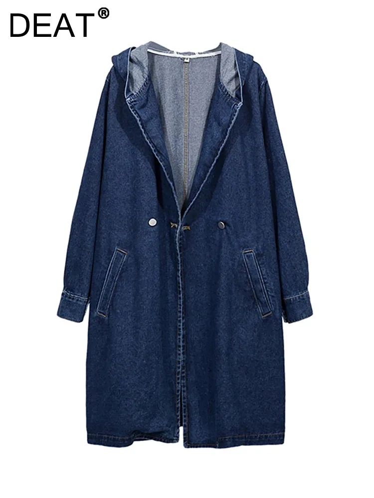 

DEAT Women's Denim Trench Coat Hooded Solid Color Long Sleeve Loose Causal Female Windbreak 2023 Autumn New Fashion 29L4105