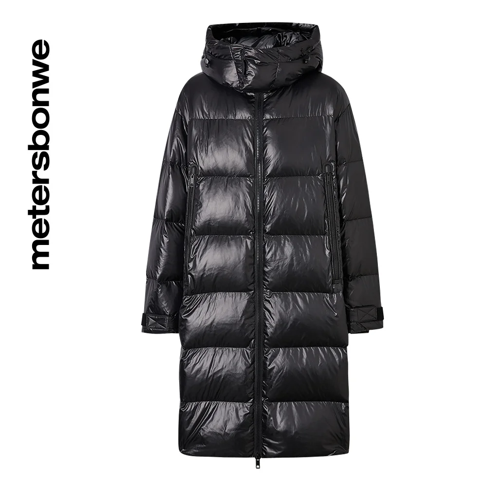 Metersbonwe Long Glossy Down Jacket Winter Men Hooded Thick Winter Down Coat Solid Fashion Overcoat Outerwear Warm Hat Detachabl