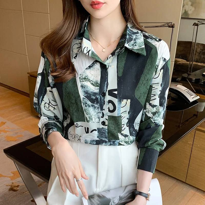 

New Korean Fashion Ladies Shirts Blouses Casual Women Tops Female Woman Button Up Printed shirt Girl Long Sleeve Blouse BVy5207