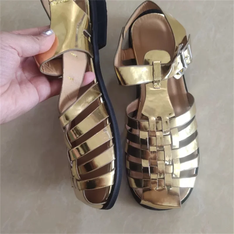 Vintage Fashion Temperament Gold Woven Hollow Roman Sandals For Women Summer Korean Casual Beach Shoes Female Flats
