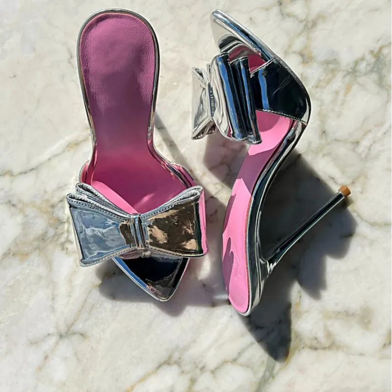 Sweety Bowtie Patent Leather Pointed Fish Toe Slingback Slides Ladies Slip-on Summer Sandals Girls Stiletto Heels Party Shoes