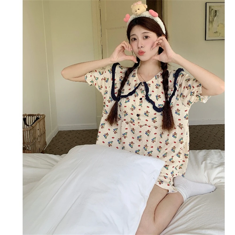 French Cute Apple Bear Navy Neck Short Sleeve Shorts Summer Set Women's Home Comfortable Sleepwear Two Piece Set