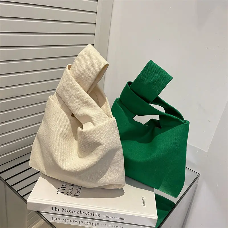 

Cotton Women's Handbags Knot Wrist Shopping Bag Eco Friendly Reusable Grocery Pouch Lightweight Tote Handbags Coin Purse Bag