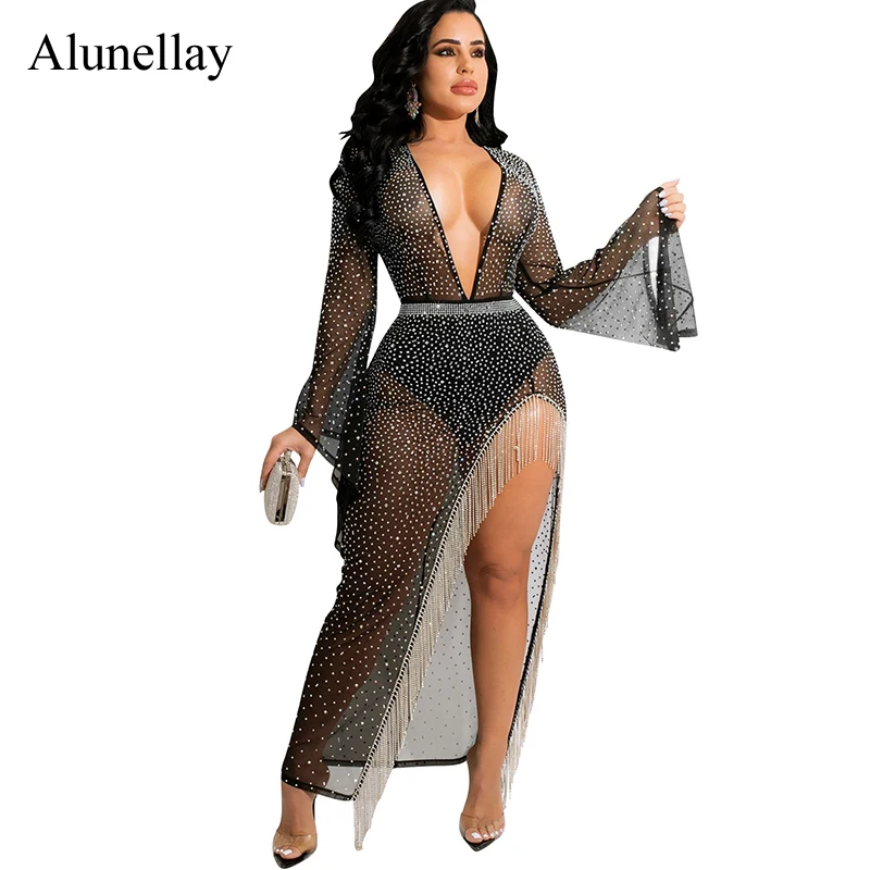 

Fringe Tassels Night Club Dress Illusion Split Sheer Mesh Diamonds Rhinestone See Through Summer Flare Sleeve Bodycon Party