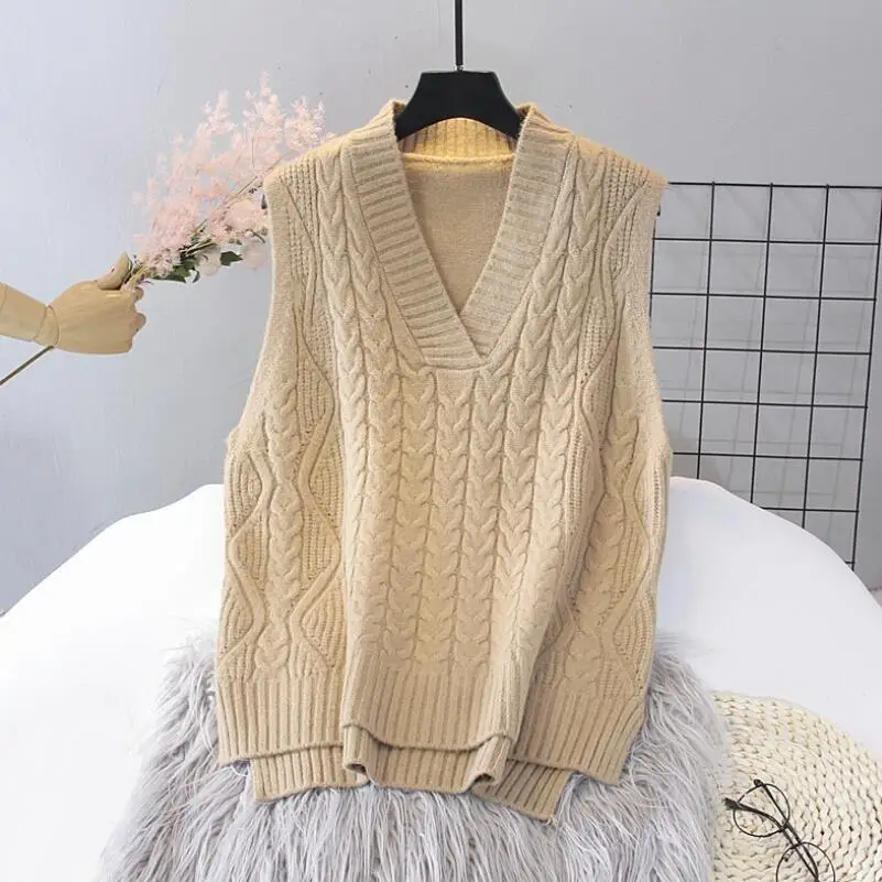 New High Quality Women's Korean Pullover Hemp Rope Loose Sweater Sleeveless Knit Vest Tops V-neck Preppy Waistcoat