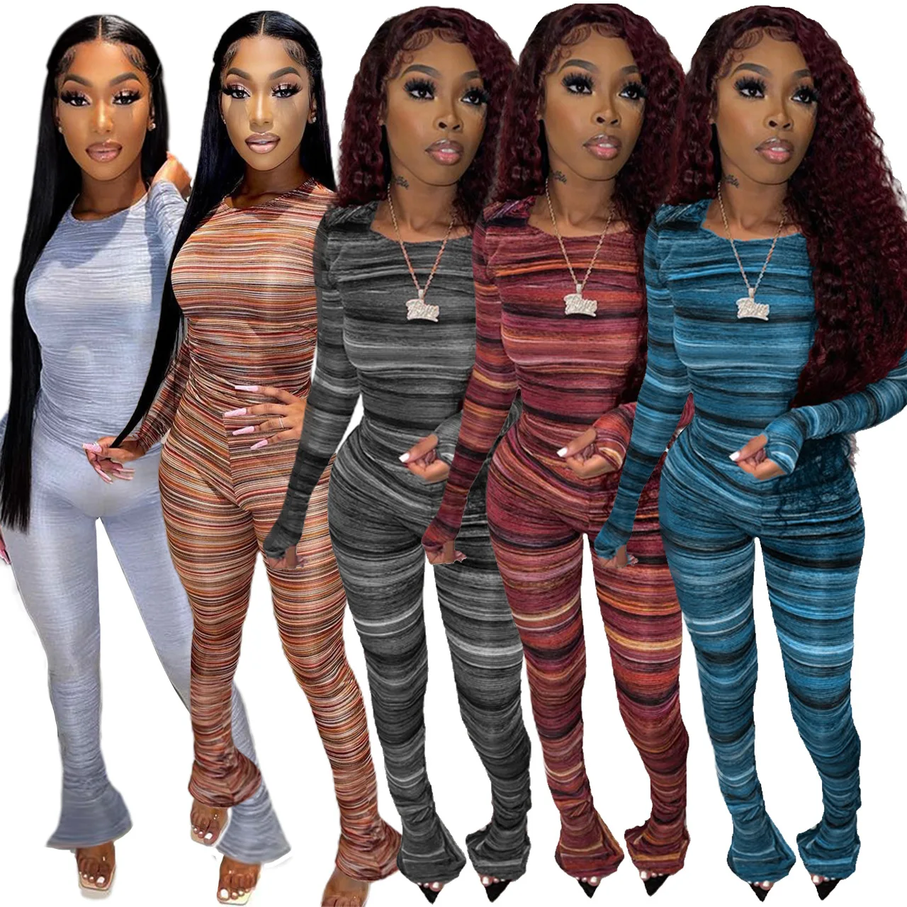 

Striped Print Fall Clothes for Women Casual O Neck Long Sleeve Top + Flare Pants Slim Two Piece Set Tracksuit Women Club Outfits