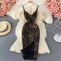 sexy spaghetti strap dress women elegant zebra stripes party bodycon vestidos female summer v neck split robe 2022 new fashion