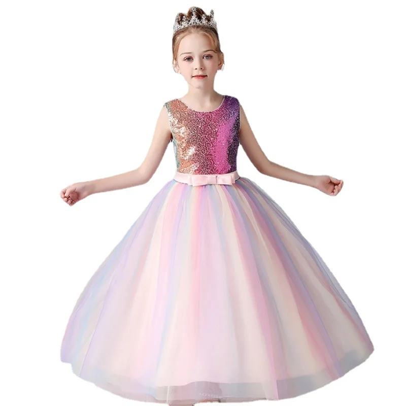 

Girl Birthday Bow Bone Belt Stitching Color Long Skirt Girl Sleeveless Sequins Dress Flower Girl Dresses For Weddings Kids