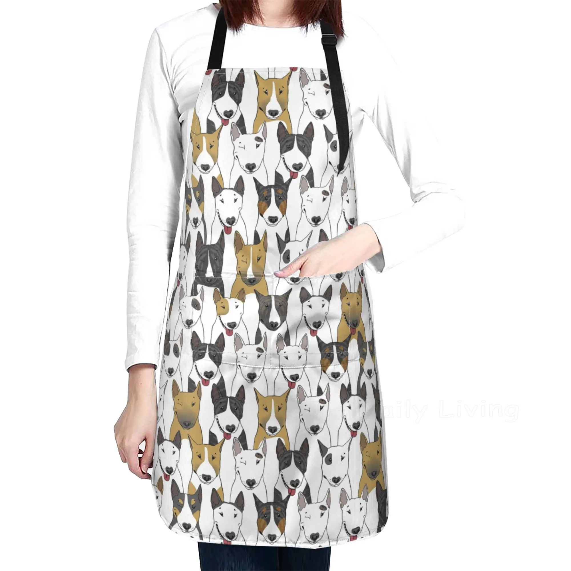 

English Bull Terrier Apron with 2 Pockets Puppy Animals Cooking Kitchen Bib Aprons for Women Men Unisex Adjustable Waterproof