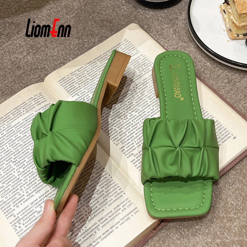 

Pleated Summer Slippers For Women With Low Heels 2023 New Trend Korean Heeled Slippers Women Sandals Outdoor Ladies Elegant Shoe