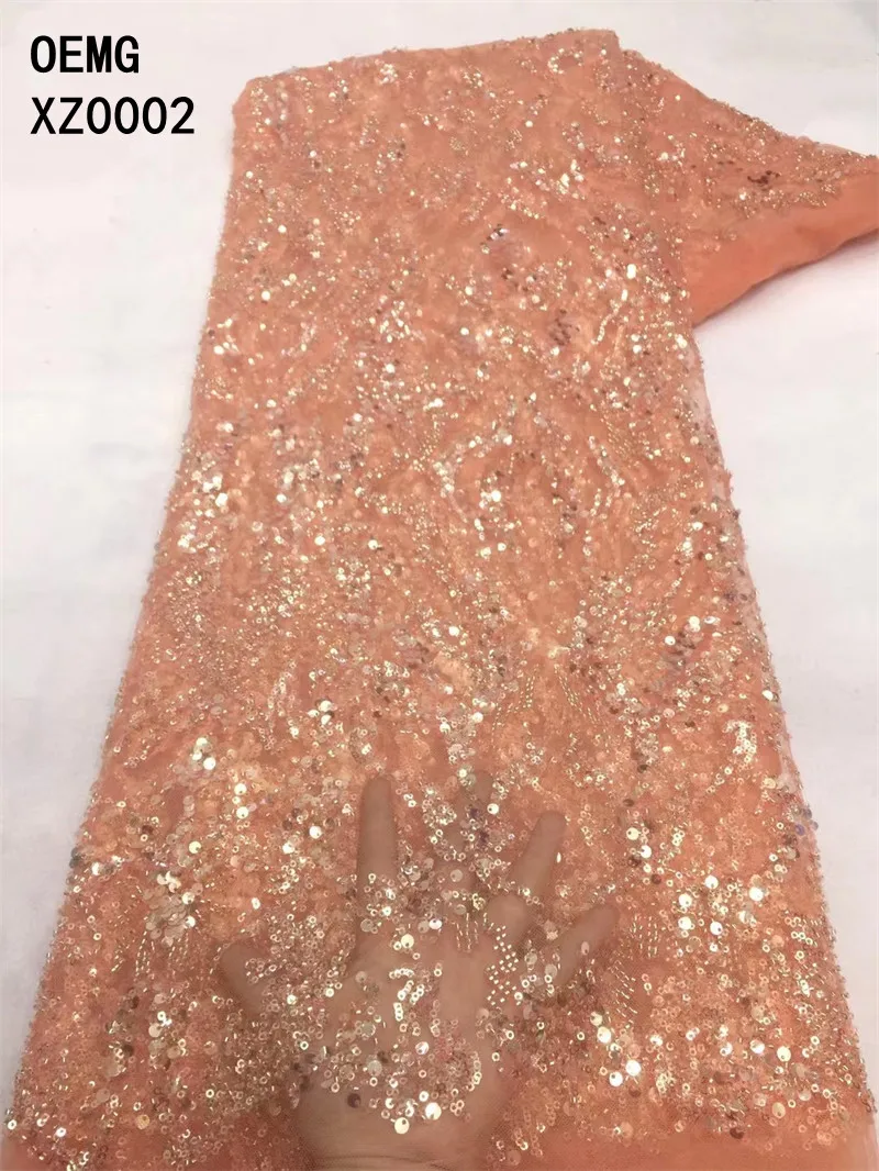 

OEMG 2022 Sequins Tulle Lace African Sequence Lace Fabric with Beads High Quality Nigerian French Mesh Net Lace Fabric XZ0002