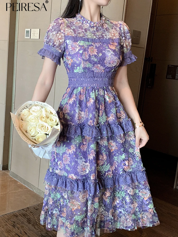 

PEIRESA 2023 Summer New Lace Embroidery Patchwork Floral Print Dress Beading Stand Collar Puff Sleeve Mesh Elegant Midi Dresses