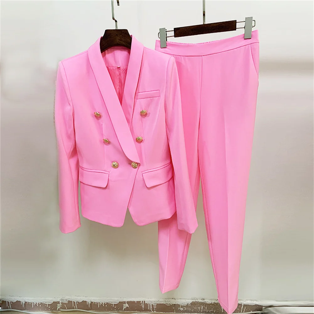 Women Pant Suits Two Piece Set High Quality Black Pink Office Ladies Double Breasted Gold Buttons Blazer Nine Pants Formal Suits