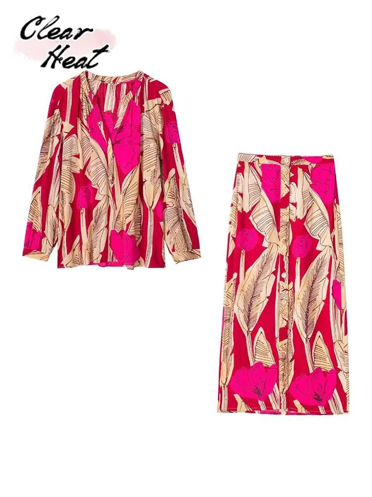 

Women Leaves Printed Skirt Two Piece Sets Long Sleeve V Neck Shirt Wrap Waist Sets Summer Lady Retro Skinny Causal Suits 2023