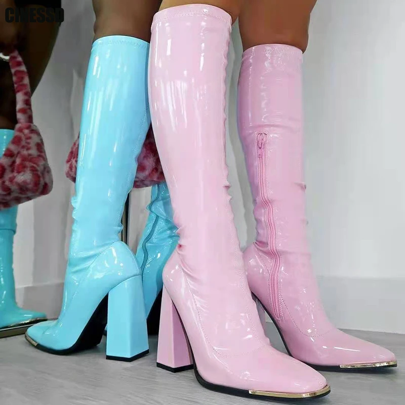 

2023 Women Knee High Boots Square Toe Woman Zipper Patent Leather Thick High Heels Ladies Punk Party Shoes Female Pump Plus Size