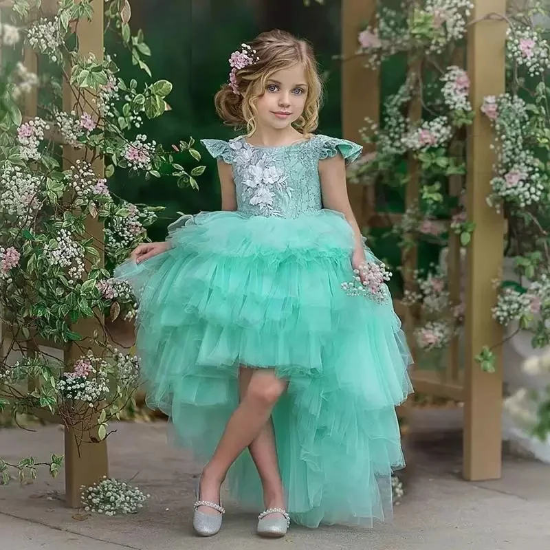 

Green High Low Flower Girl Dresses Appliques Tiered Tulle A Line Bohemia Cap Sleeves Bridesmaid Dress