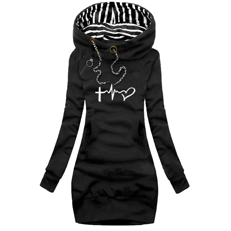 

Womens Hoodie Dress Spring Autumn Female Casual Lady Fleece Thickened Plus Size Printed Long-sleeved Mini Dress 2022