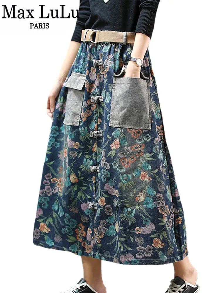 Max LuLu 2022 New Design Women Vintage Denim Printed Flowers Skirt Ladies Elastic Long Skirts Girl A-Line Elegant Casual Clothes