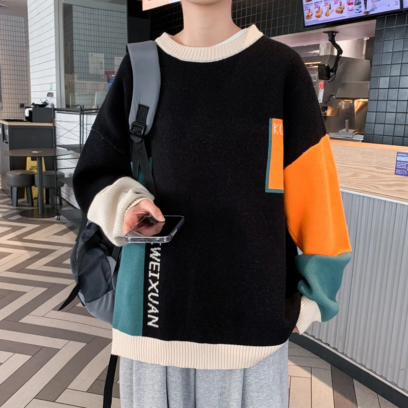 

Fashion Harajuku Sweater Men'S HIP HOP Streetwear Pull OverSized 6XL 7XL Patchwork 2022 Long Sleeves Pullover For Autumn Spring