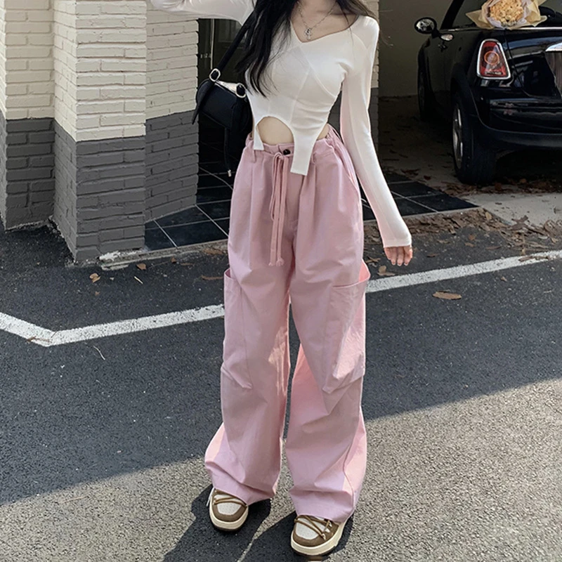 

Spring Autumn Fashion Solid Color Pockets Drawstring Elastic Waist Women Straight Pants Baggy Trousers Y2k Joggers Wide Leg Pant