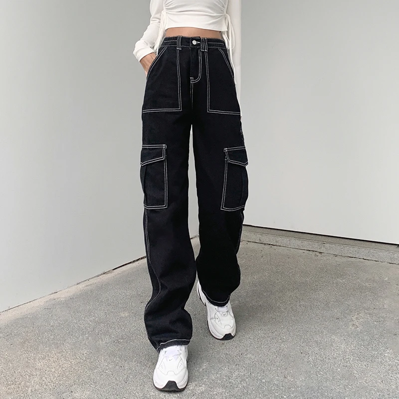 Woman Pockets Patchwork Baggy Jeans Fashion Streetwear Cotton Women Denim Trouser Loose Cargo Pants Korean Jeans Harajuku