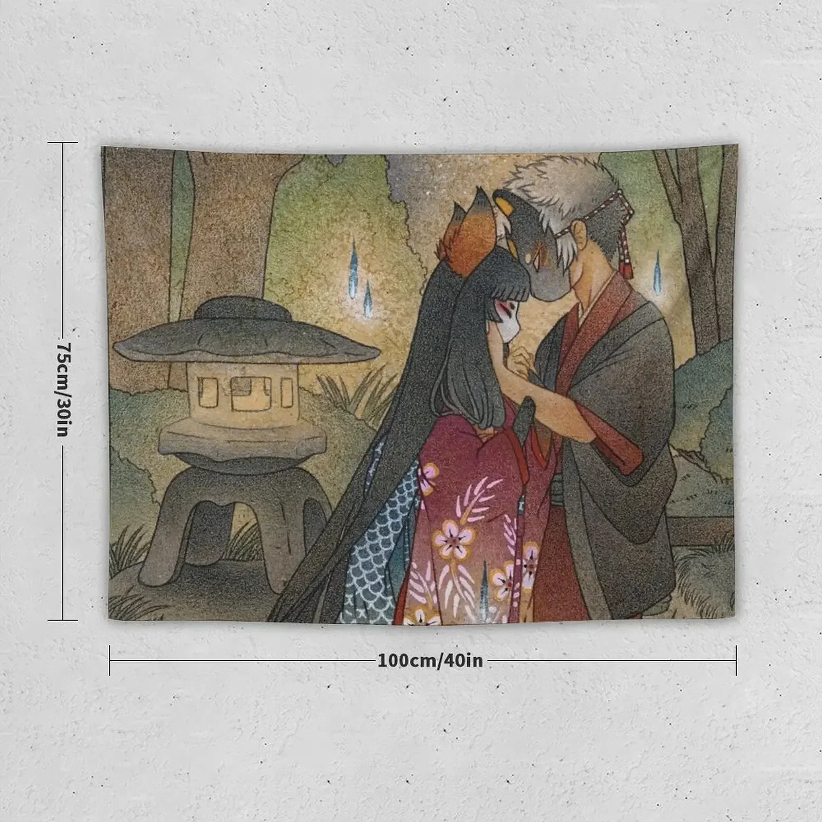 Okina and Shiro - Kitsune Yokai TeaKitsune Гобелен Эстетическое украшение для комнаты Эстетический