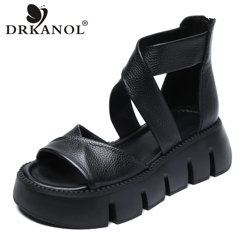 

DRKANOL Handmade Retro Sandals Women Summer 2023 Cross Genuine Cow Leather Wedges Platform Gladiator Sandals Women Cool Boots