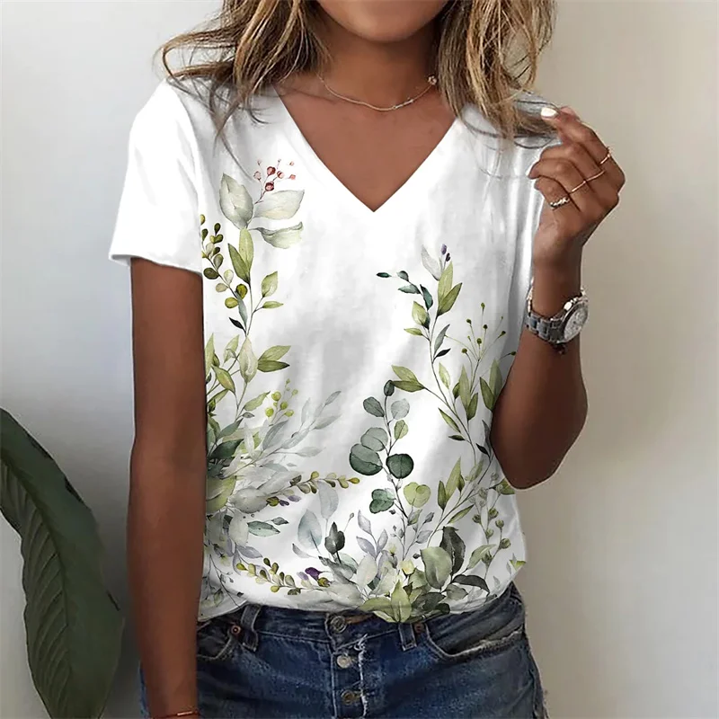 

2022 Summer Ladies Leaves Casual Holiday Floral T-Shirt Short Sleeve Print V Neck 3D Pattern