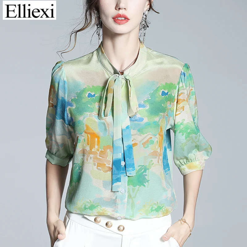 

ELLIEXI Silk Green Printed Shirt Women 2022 Summer New Top Bow Neck Short Sleeve Loose Blouse Office Lady Chiffon Blouse