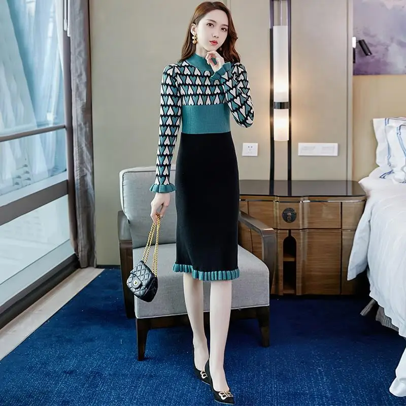 

Женское трикотажное платье-свитер Y2K с длинным рукавом, платье макси в Корейском стиле, женское однотонное элегантное приталенное Повседне...