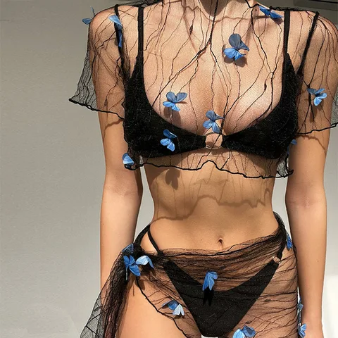 Women's Bikini Cover-up Set Mesh Sheer Fashion 3D Butterfly Decoration Short Sleeve Crop Tops Tie-up Sarong Wrap Skirt Beachwear