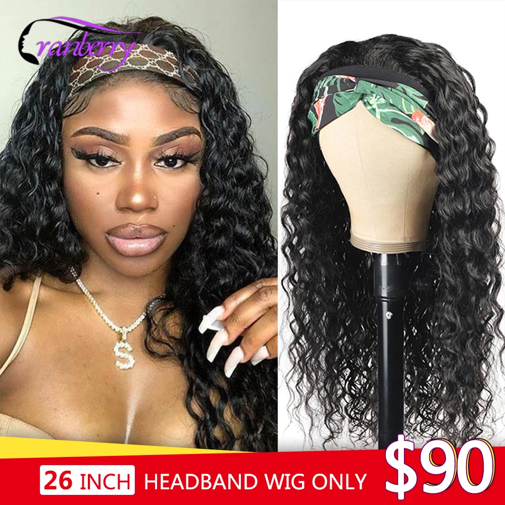 Cranberry Hair Deep Wave Headband Wigs For Black Women Human Hair Wigs Peruvian Deep Wave Wigs Machine Made Wigs HeadBand