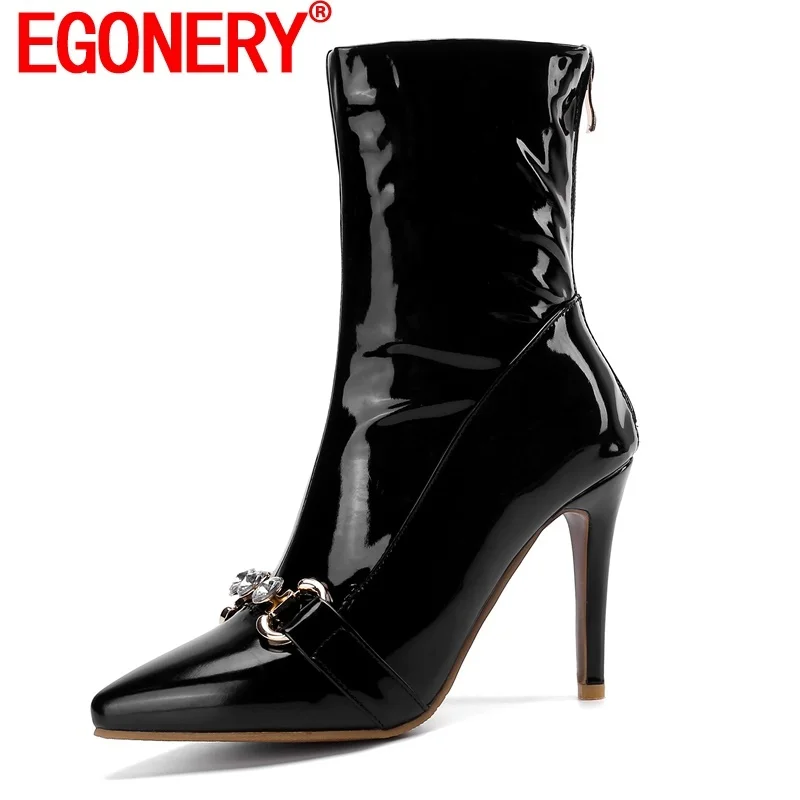 

EGONERY Woman New Style Ankle Boots Patent Leather Brand Shoes Pointed Toe Thin High Heels Plus Size Crystal Rivet Party Booties