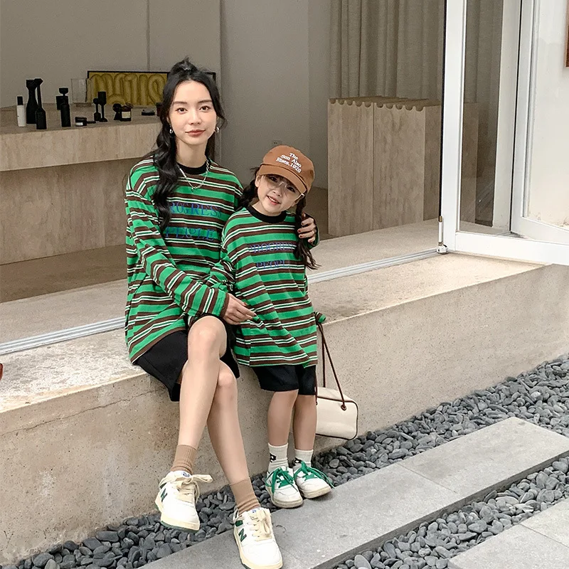 Family Matching Outfits Mother KidsStriped Long-sleeved T-shirt Bottoming Shirt Loose Family Coat Family Look Boys Clothes enlarge