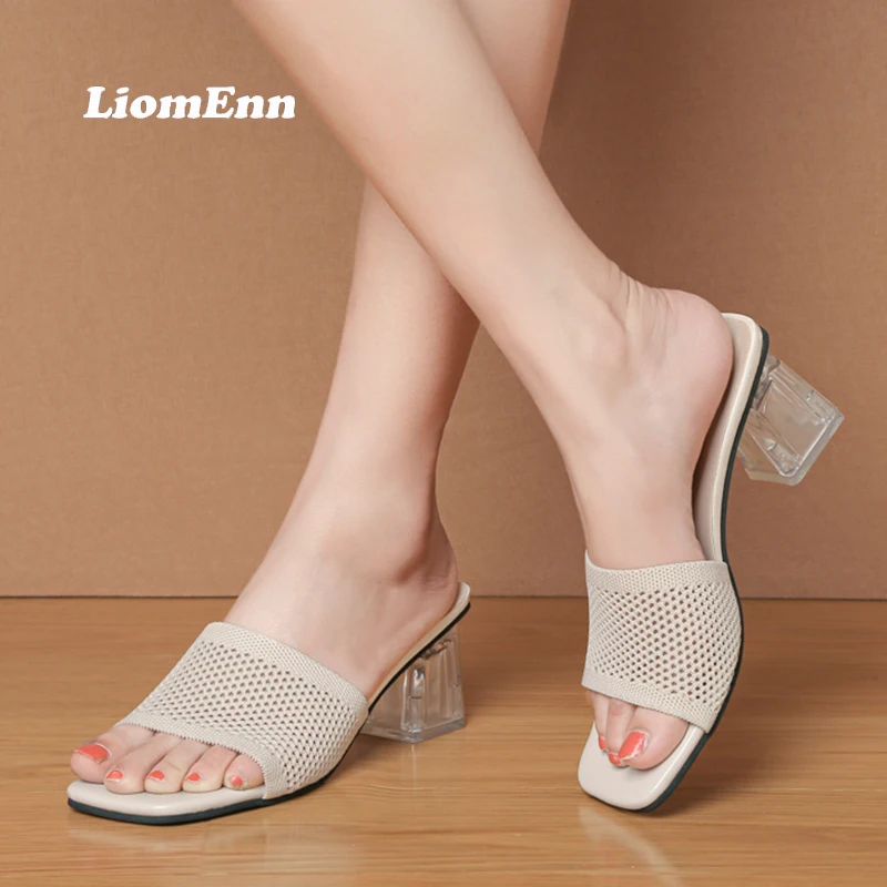 

Summer Mesh Clear Heels Slippers Women 2022 Trend Square Toe High Heels Sandals Women Slides Elegant Party Shoes Big Size 35-42