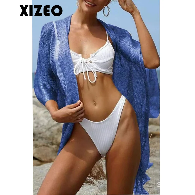 XIZEO 2023 Sexy Fringe Tassel Mesh Sheer Shiny Knitted Tunic Beach Cover Up Cover-ups Beach Dress Beach Wear Beachwear Female