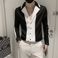 2022 fashion v neck shirt men dress black white patchwork long sleeve slim fit male shirts blouses camisa social masculina s 4xl